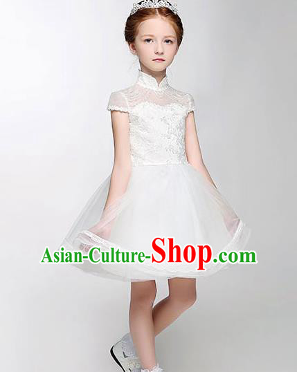Children Model Show Dance Costume White Bubble Full Dress, Ceremonial Occasions Catwalks Princess Embroidery Dress for Girls