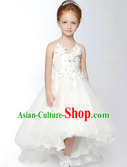 Children Model Dance Costume Compere White Veil Full Dress, Ceremonial Occasions Catwalks Princess Embroidery Dress for Girls