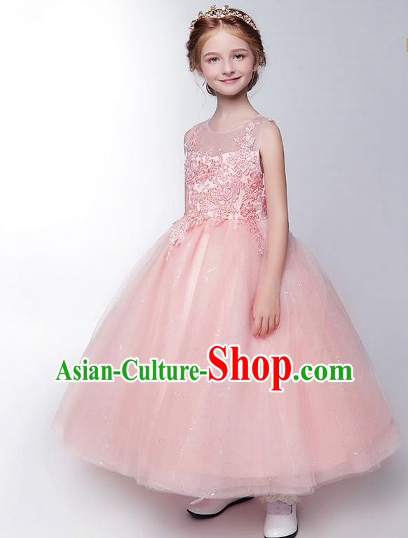 Children Model Show Dance Costume Pink Lace Compere Full Dress, Ceremonial Occasions Catwalks Princess Embroidery Dress for Girls