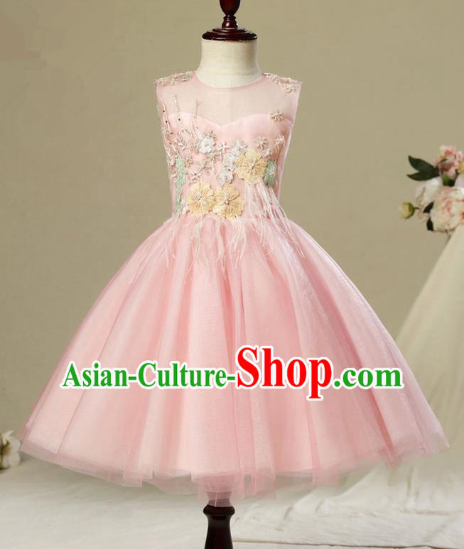 Children Model Dance Costume Compere Pink Veil Full Dress, Ceremonial Occasions Catwalks Princess Embroidery Dress for Girls