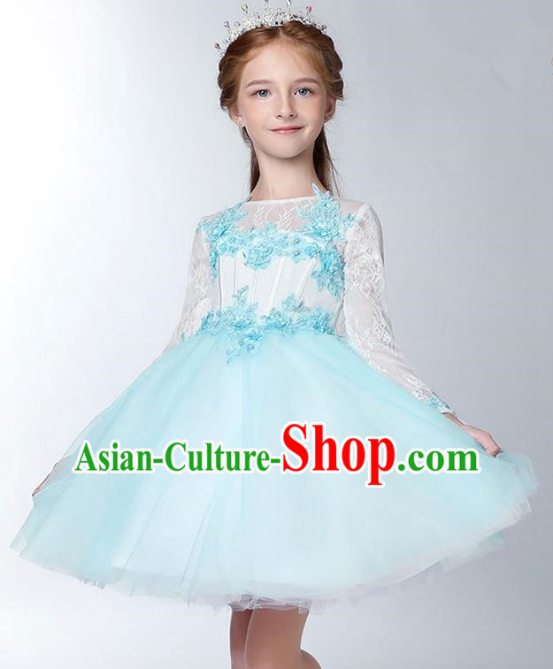 Children Model Dance Costume Compere Blue Long Sleeve Full Dress, Ceremonial Occasions Catwalks Princess Embroidery Dress for Girls