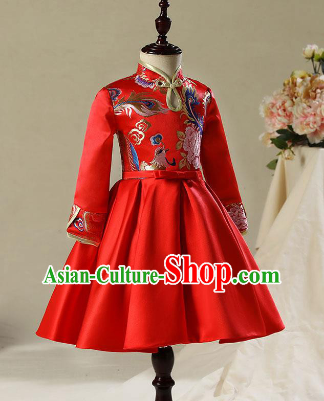 Children Model Dance Costume Compere China Red Satin Cheongsam, Ceremonial Occasions Catwalks Princess Embroidery Dress for Girls
