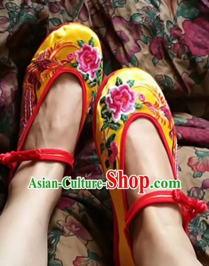 Asian Chinese Shoes Wedding Shoes Yellow Satin Shoes, Traditional China Opera Shoes Hanfu Shoes Embroidered Phoenix Peony Shoes