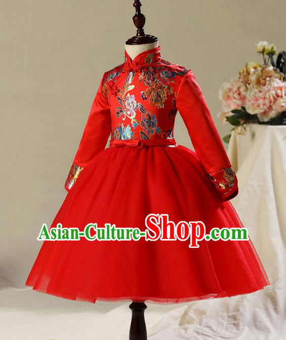 Children Model Dance Costume Compere Red Cheongsam Dress, Ceremonial Occasions Catwalks Princess Embroidery Dress for Girls