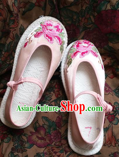 Traditional Chinese National Pink Satin Shoes Embroidered Shoes, China Handmade Shoes Hanfu Embroidery Peony Shoes for Women