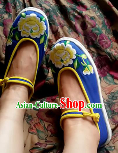 Traditional Chinese National Blue Cloth Shoes Embroidered Shoes, China Handmade Shoes Hanfu Embroidery Peony Shoes for Women