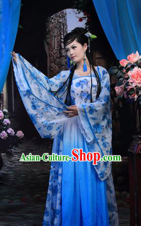Asian China Ancient Tang Dynasty Palace Lady Costume, Traditional Chinese Hanfu Imperial Consort Embroidered Blue Dress Clothing for Women