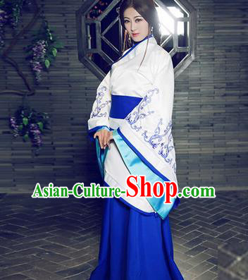 Asian China Ancient Han Dynasty Palace Lady Costume, Traditional Chinese Hanfu Imperial Consort Embroidered Curve Bottom Clothing for Women