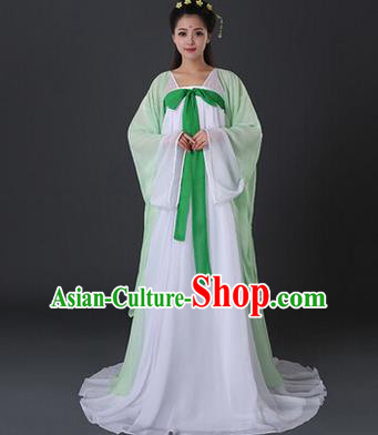 Asian China Ancient Tang Dynasty Palace Lady Costume, Traditional Chinese Princess Hanfu Embroidered Light Green Dress Clothing for Women
