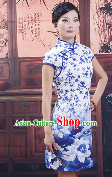 Traditional Ancient Chinese Republic of China Cheongsam, Asian Chinese Chirpaur Short Blue Qipao Dress Clothing for Women