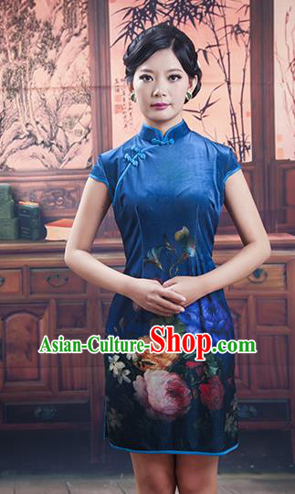 Traditional Ancient Chinese Republic of China Cheongsam, Asian Chinese Chirpaur Short Blue Qipao Dress Clothing for Women