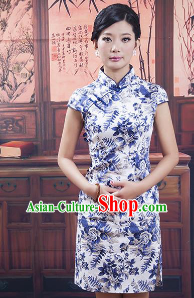 Traditional Ancient Chinese Republic of China Cheongsam, Asian Chinese Chirpaur Blue Embroidered Qipao Dress Clothing for Women