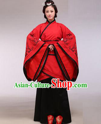 Traditional Ancient Chinese Imperial Consort Costume, Elegant Hanfu Chinese Han Dynasty Imperial Empress Red Embroidered Clothing for Women