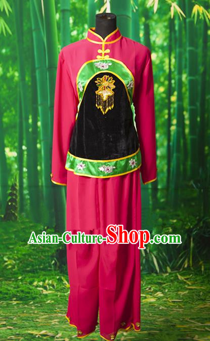 Traditional Chinese Classical Dance Yangge Fan Dancing Costume, Folk Dance Drum Dance Yangko Rosy Clothing for Women