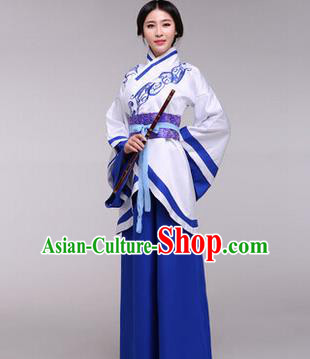 Traditional Ancient Chinese Imperial Princess Costume, Elegant Hanfu Chinese Han Dynasty Imperial Empress Embroidered Blue Clothing for Women