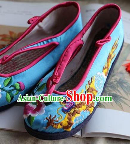 Traditional Chinese National Embroidered Shoes Wedding Blue Shoes, China Handmade Shoes Hanfu Embroidery Dragon and Phoenix Shoes for Women