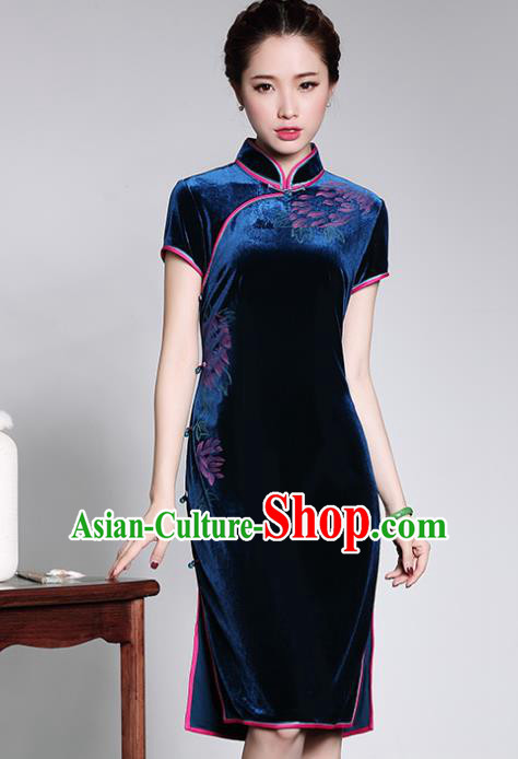 Traditional Chinese National Costume Elegant Hanfu Royalblue Velvet Cheongsam, China Tang Suit Plated Buttons Chirpaur Dress for Women