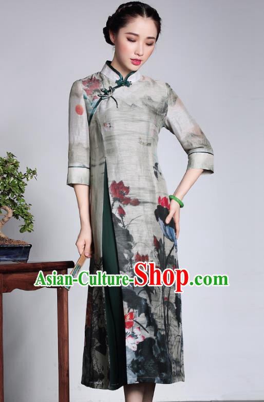 Traditional Chinese National Costume Elegant Hanfu Grey Linen Cheongsam, China Tang Suit Plated Buttons Chirpaur Dress for Women