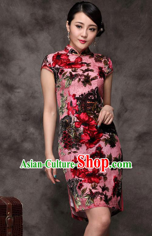 Traditional Chinese National Costume Elegant Hanfu Pink Silk Cheongsam, China Tang Suit Plated Buttons Chirpaur Dress for Women