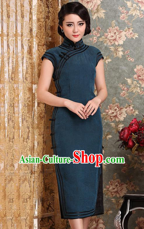 Traditional Chinese National Costume Elegant Hanfu Blue Cheongsam, China Tang Suit Plated Buttons Chirpaur Dress for Women