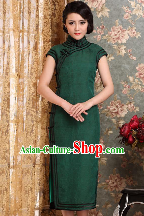 Traditional Chinese National Costume Elegant Hanfu Green Cheongsam, China Tang Suit Plated Buttons Chirpaur Dress for Women