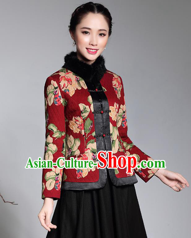 Traditional Chinese National Costume Elegant Hanfu Red Cotton-padded Jacket, China Tang Suit Plated Buttons Coat Upper Outer Garment for Women