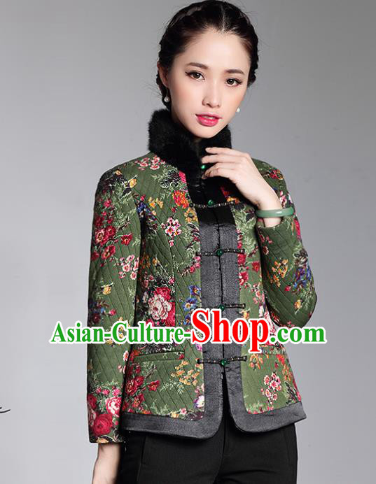 Traditional Chinese National Costume Elegant Hanfu Green Cotton-padded Jacket, China Tang Suit Plated Buttons Coat Upper Outer Garment for Women