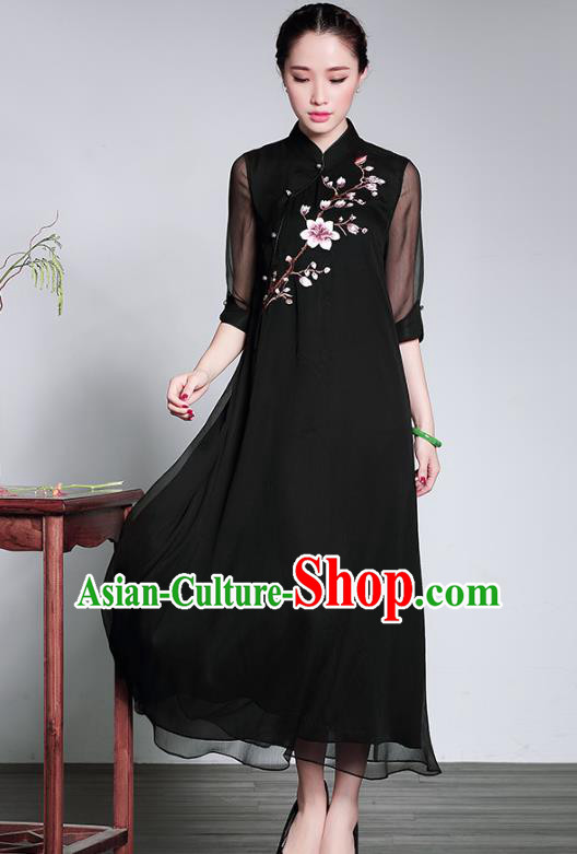 Traditional Chinese National Costume Elegant Hanfu Black Embroidered Cheongsam, China Tang Suit Plated Buttons Chirpaur Dress for Women