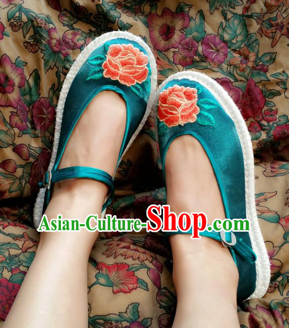 Traditional Chinese National Embroidered Shoes Handmade Green Cloth Shoes, China Hanfu Embroidery Flowers Shoes for Women