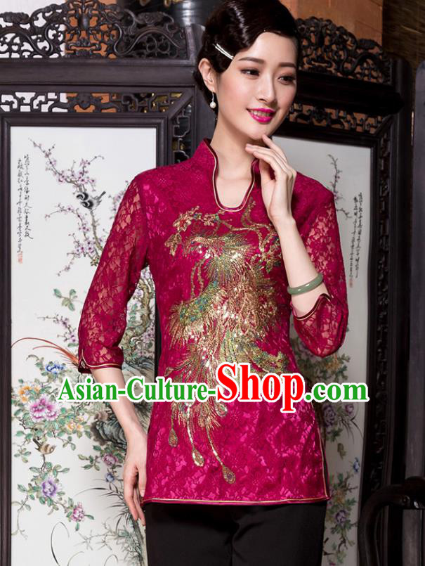 Traditional Chinese National Costume Elegant Hanfu Embroidery Peacock Red Shirt, China Tang Suit Blouse Cheongsam Upper Outer Garment for Women