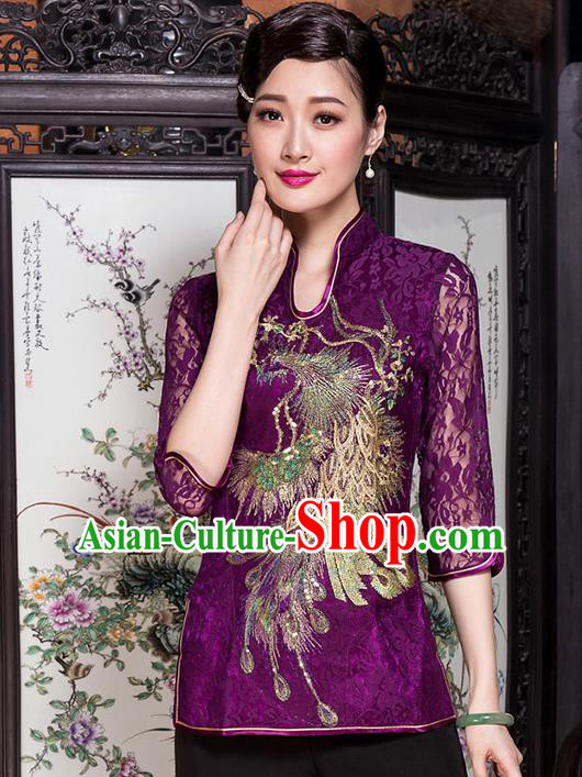 Traditional Chinese National Costume Elegant Hanfu Embroidery Peacock Purple Shirt, China Tang Suit Blouse Cheongsam Upper Outer Garment for Women