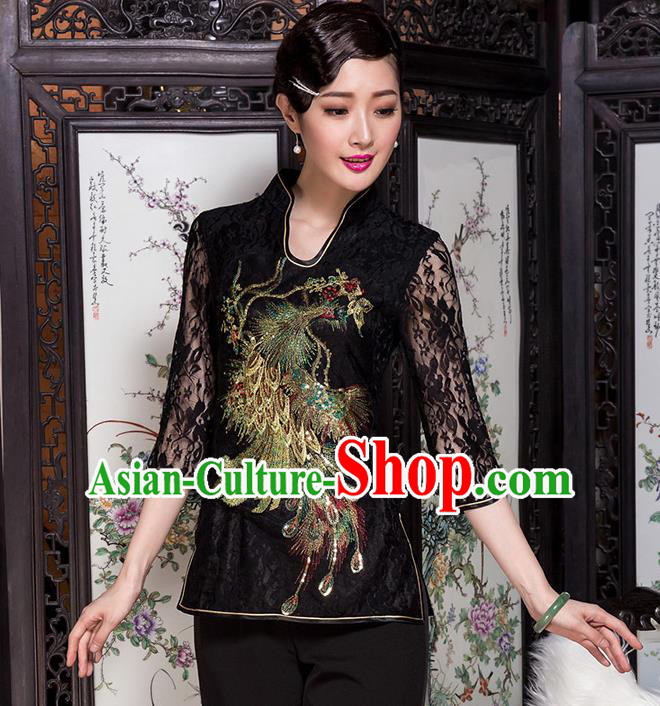 Traditional Chinese National Costume Elegant Hanfu Embroidery Peacock Black Shirt, China Tang Suit Blouse Cheongsam Upper Outer Garment for Women