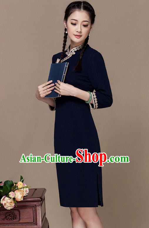 Traditional Chinese National Costume Elegant Hanfu Navy Cheongsam Dress, China Tang Suit Slant Opening Chirpaur Cheong-sam for Women