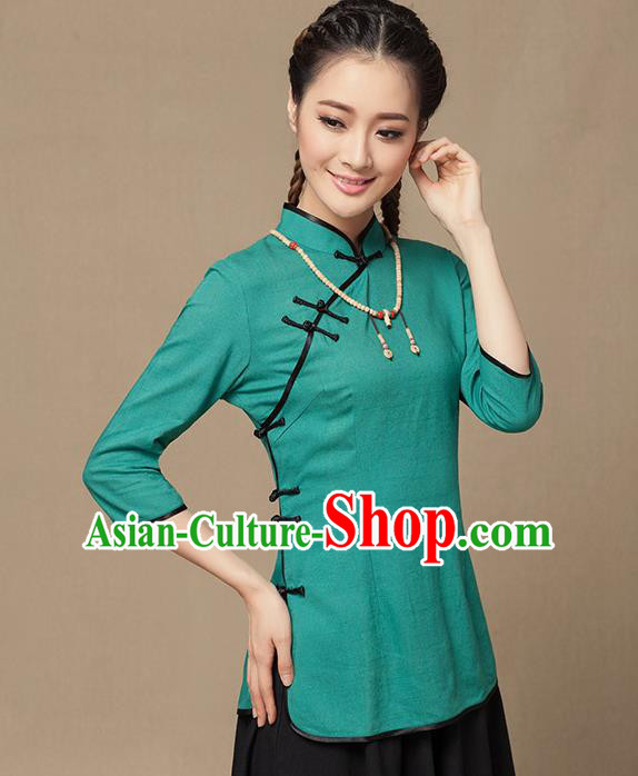 Traditional Chinese National Costume Elegant Hanfu Plated Button Green Shirt, China Tang Suit Slant Opening Upper Outer Garment Cheongsam Blouse for Women
