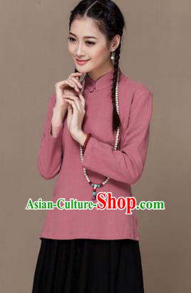Traditional Chinese National Costume Elegant Hanfu Plated Button Pink Linen Shirt, China Tang Suit Upper Outer Garment Cheongsam Blouse for Women