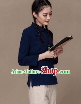 Traditional Chinese National Costume Elegant Hanfu Plated Button Navy Linen Shirt, China Tang Suit Upper Outer Garment Cheongsam Blouse for Women