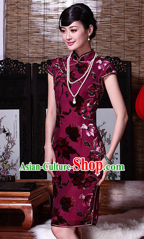 Traditional Chinese National Costume Elegant Hanfu Rosy Velour Cheongsam, China Tang Suit Plated Buttons Wedding Chirpaur Dress for Women