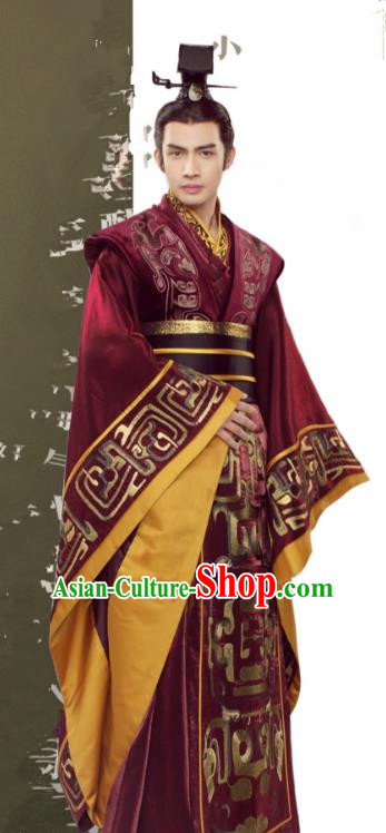 Asian China First Emperor of Qin Dynasty Costume, Traditional Chinese Ancient King Embroidered Clothing for Men