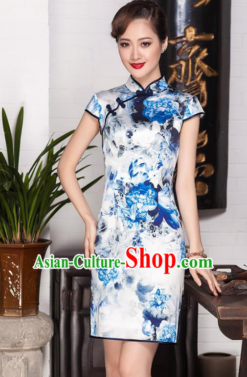 Traditional Chinese National Costume Elegant Hanfu Blue Silk Printing Cheongsam, China Tang Suit Plated Buttons Chirpaur Dress for Women