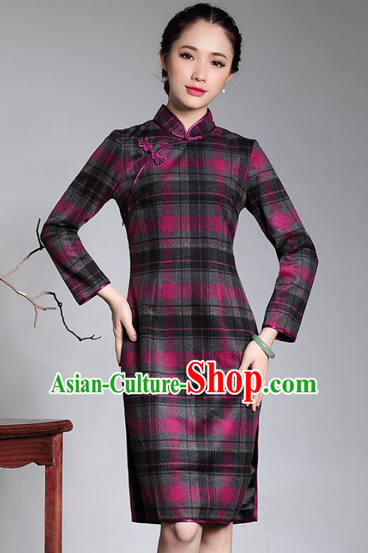 Traditional Chinese National Costume Elegant Hanfu Woolen Cheongsam, China Tang Suit Plated Buttons Chirpaur Dress for Women