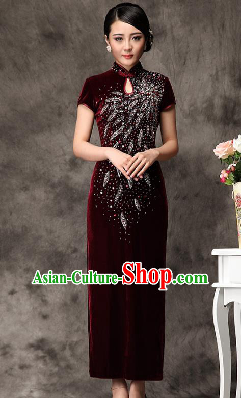 Traditional Chinese National Costume Elegant Hanfu Red Velvet Beading Cheongsam, China Tang Suit Plated Buttons Chirpaur Dress for Women