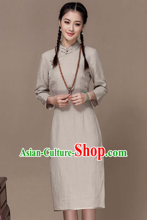 Traditional Chinese National Costume Elegant Hanfu Beige Linen Cheongsam, China Tang Suit Plated Buttons Chirpaur Dress for Women