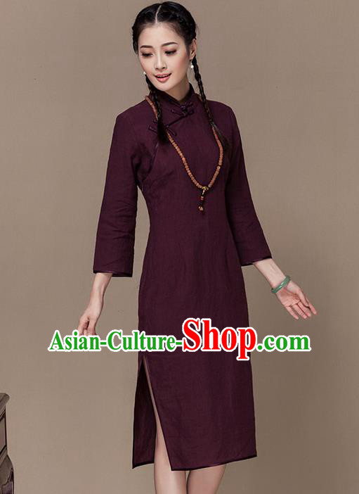Traditional Chinese National Costume Elegant Hanfu Purple Linen Cheongsam, China Tang Suit Plated Buttons Chirpaur Dress for Women