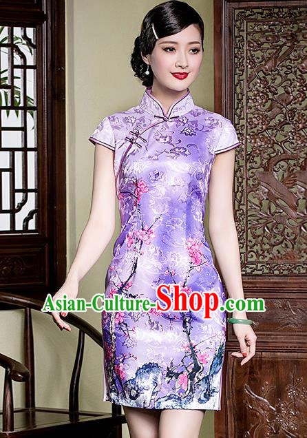 Traditional Chinese National Costume Elegant Hanfu Purple Printing Peach Blossom Cheongsam, China Tang Suit Plated Buttons Qipao Chirpaur Dress for Women
