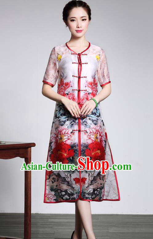 Traditional Chinese National Costume Elegant Hanfu Cheongsam Printing Peony Coat, China Tang Suit Plated Buttons Chirpaur Dust Coat for Women