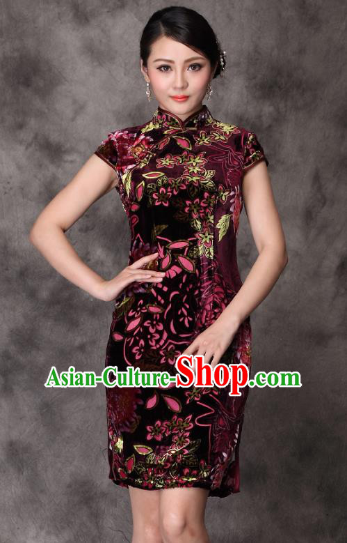 Traditional Chinese National Costume Elegant Hanfu Velvet Cheongsam, China Tang Suit Plated Buttons Chirpaur Dress for Women