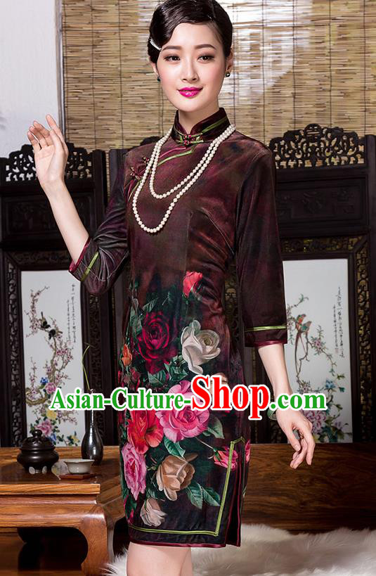 Traditional Chinese National Costume Elegant Hanfu Printing Flowers Velvet Cheongsam, China Tang Suit Plated Buttons Chirpaur Dress for Women