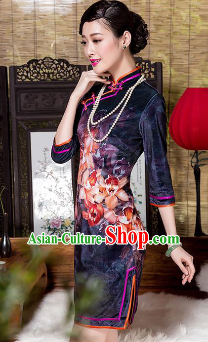 Traditional Chinese National Costume Elegant Hanfu Printing Flowers Purple Velvet Cheongsam, China Tang Suit Plated Buttons Chirpaur Dress for Women