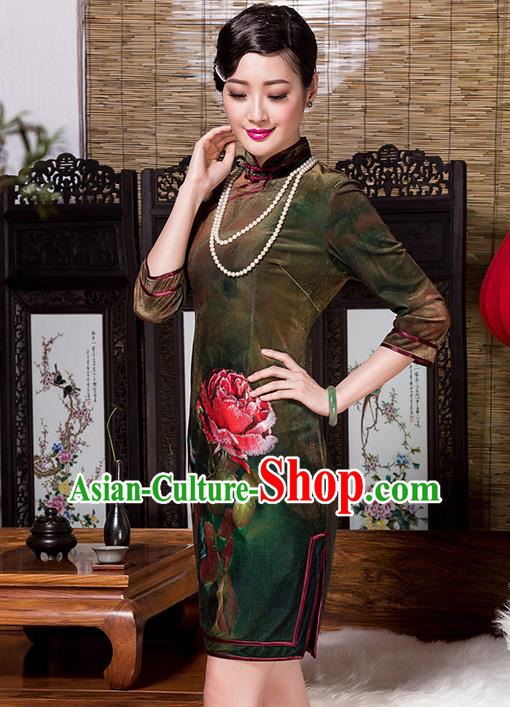 Traditional Chinese National Costume Elegant Hanfu Printing Flowers Green Velvet Cheongsam, China Tang Suit Plated Buttons Chirpaur Dress for Women