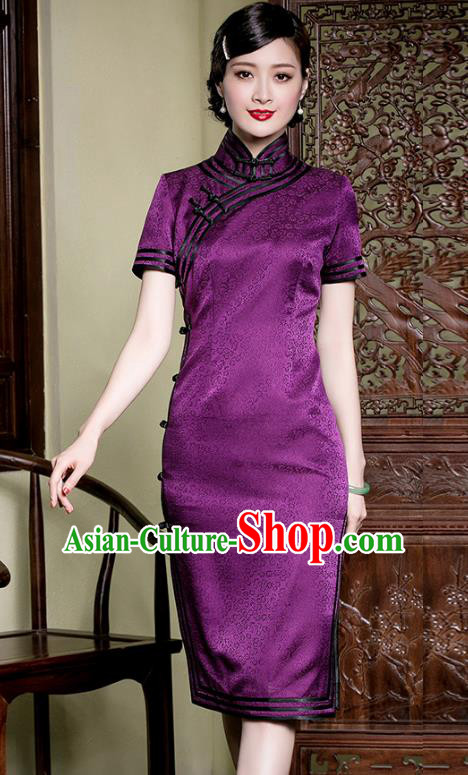 Traditional Chinese National Costume Elegant Hanfu Purple Silk Qipao Dress Cheongsam, China Tang Suit Plated Buttons Chirpaur for Women
